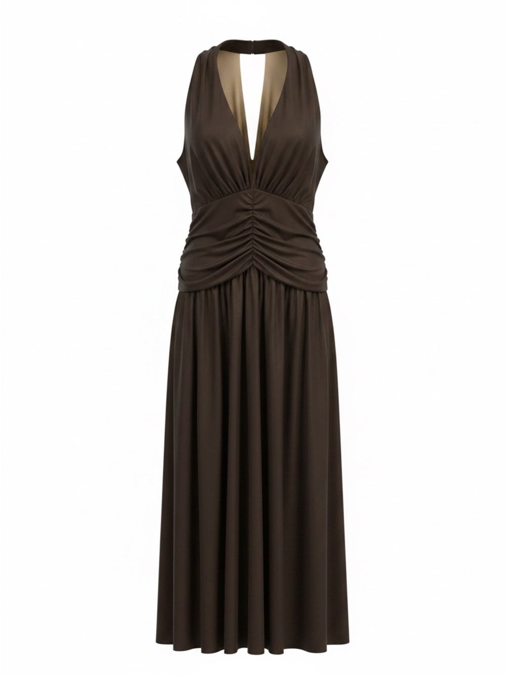 Ruched Halter Maxi Dress in Black and Tan